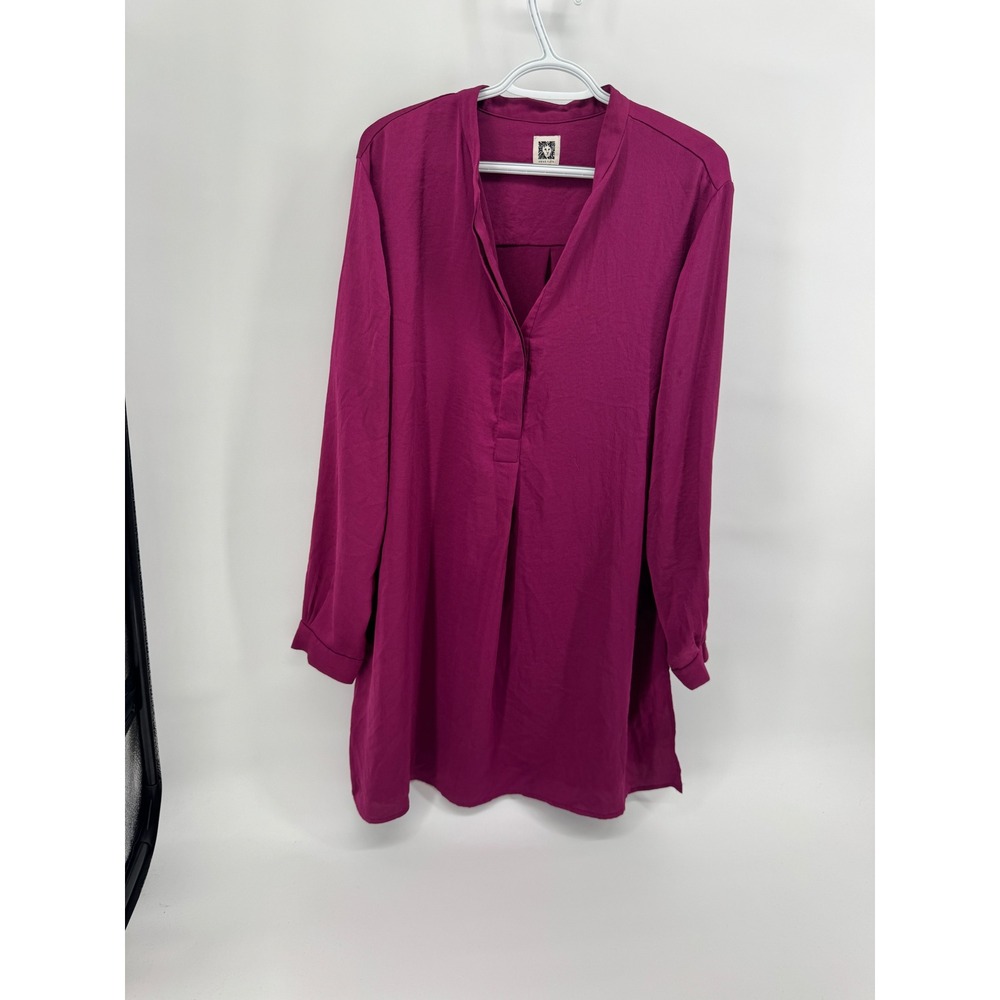 Anne Klein Magenta Purple Long Sleeve Tunic Blouse Split Neck Pleated Front